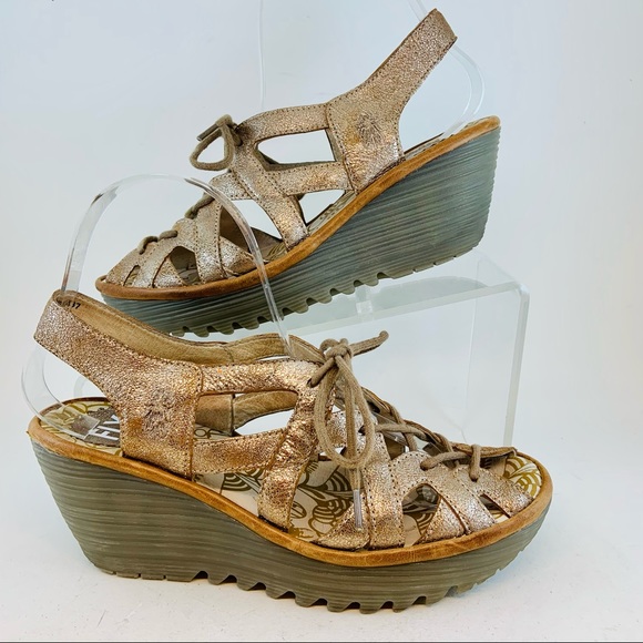FLY London Yapi Metallic Ghillie Wedge Sandals 37 - Picture 4 of 12